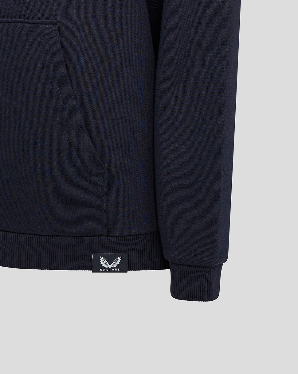 Close-up of navy hoodie hem showing front kangaroo pocket and Castore label