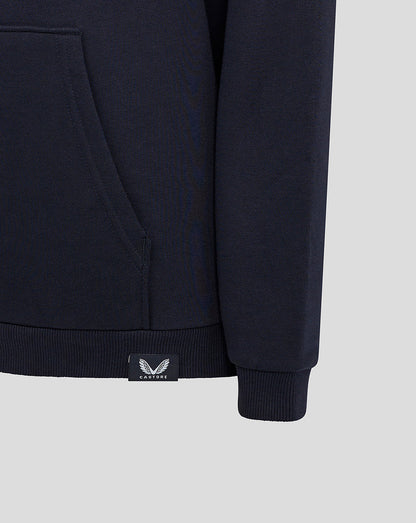 Close-up of navy hoodie hem showing front kangaroo pocket and Castore label