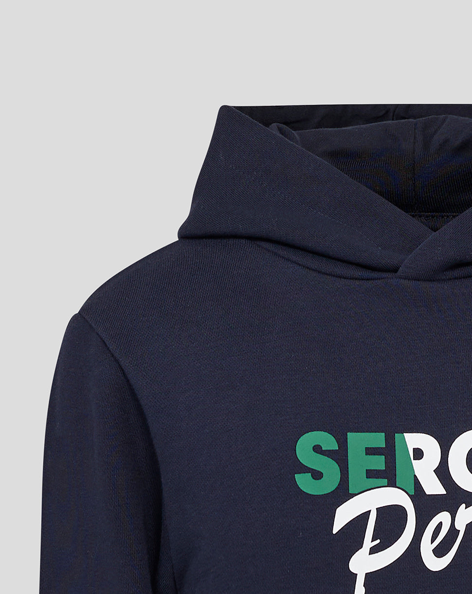 Navy hooded pullover with Sergio Perez graphic on the chest and the hood up