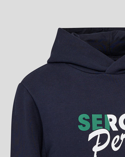Navy hooded pullover with Sergio Perez graphic on the chest and the hood up