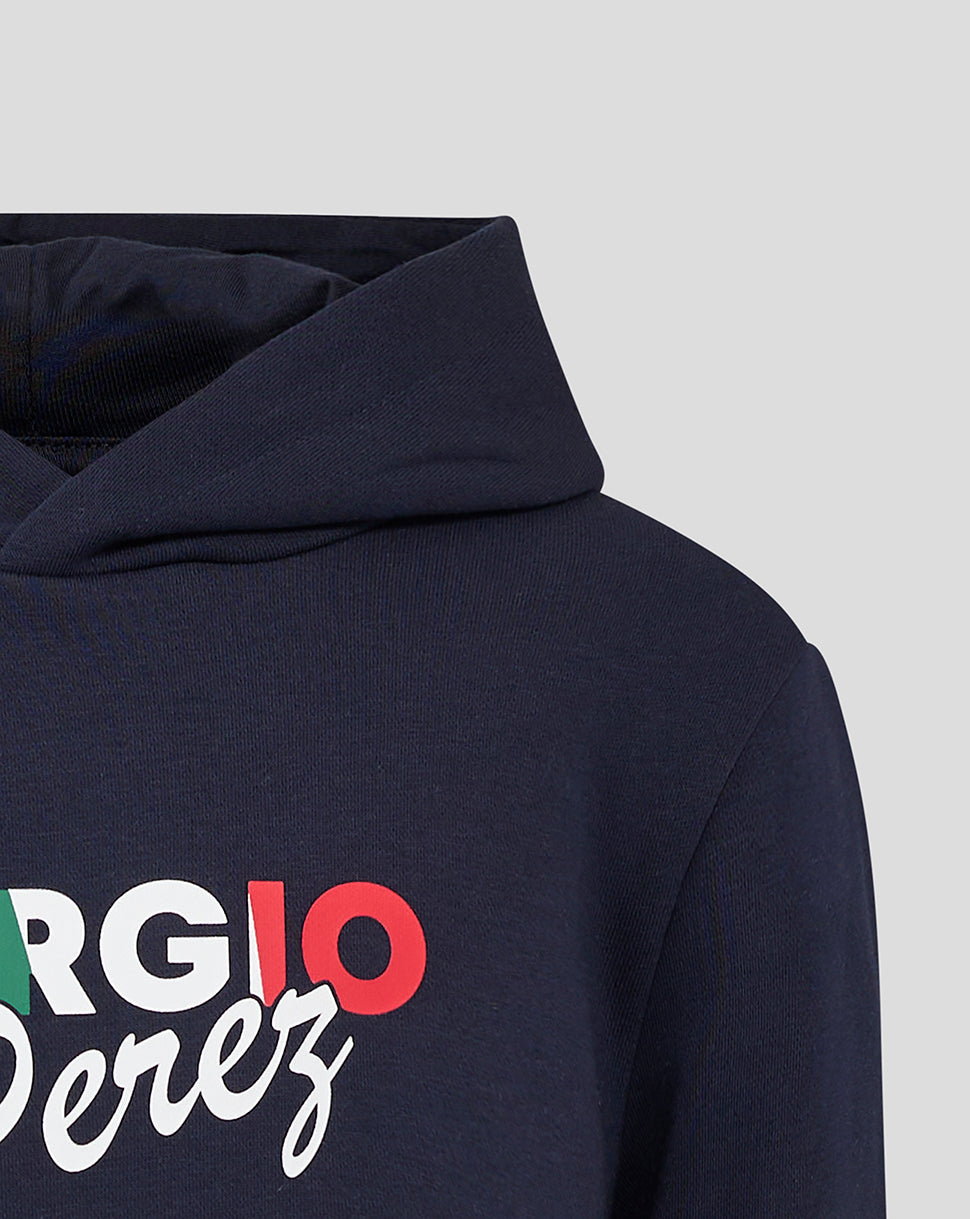 Close-up of navy hoodie hood with partial Sergio Perez graphic and bold lettering on back
