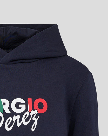 Close-up of navy hoodie hood with partial Sergio Perez graphic and bold lettering on back