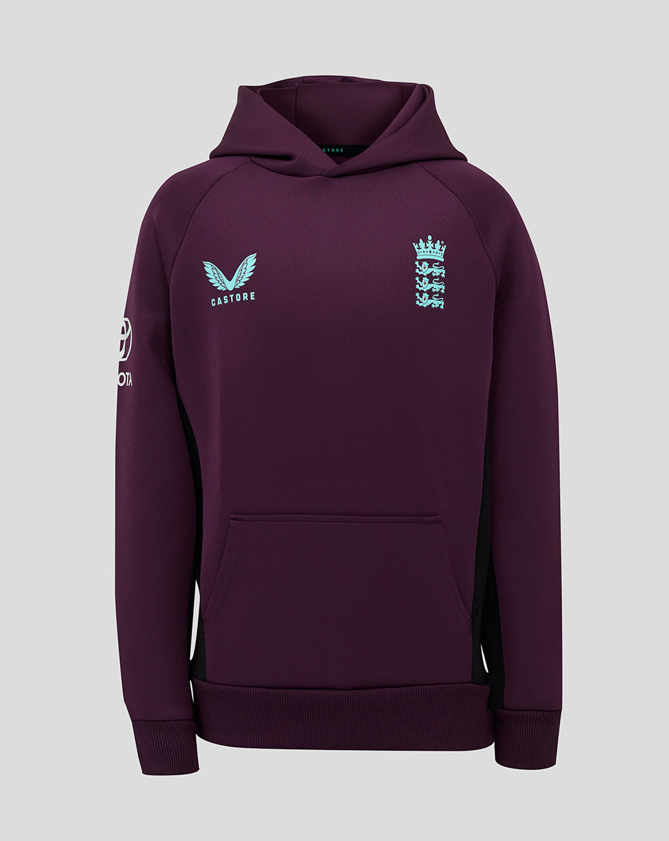 Front view of maroon England cricket training junior hoody with pale blue chest logos.