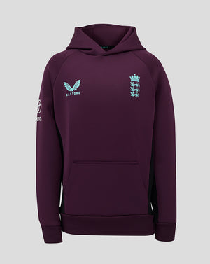 Front view of maroon England cricket training junior hoody with pale blue chest logos.