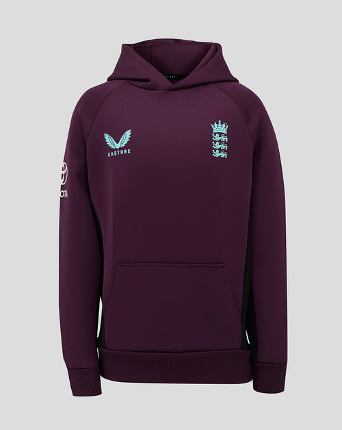 Front view of maroon England cricket training junior hoody with pale blue chest logos.