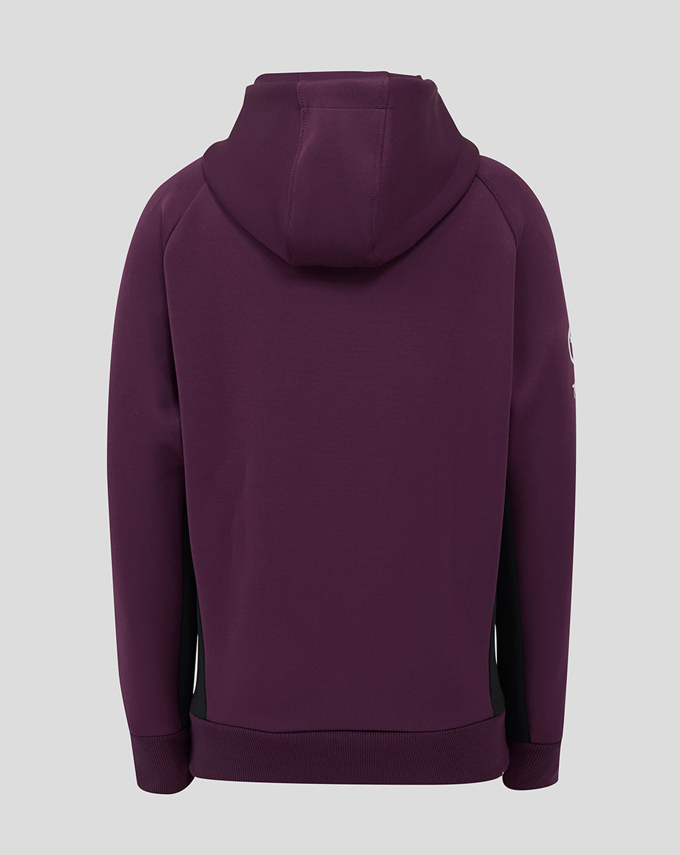 Back view of maroon England cricket training junior hoody with hood.
