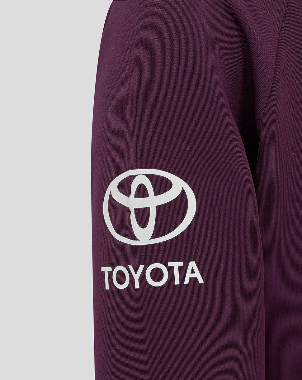 Purple England Cricket Training junior hoody sleeve with white Toyota logo.