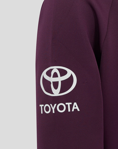 Purple England Cricket Training junior hoody sleeve with white Toyota logo.
