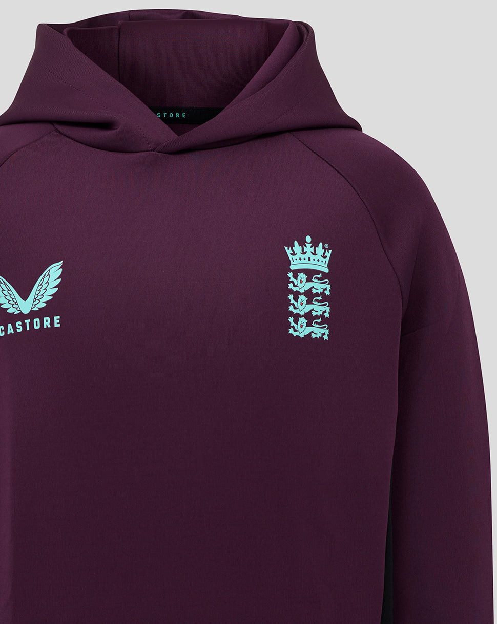 Front of the purple hoody showing turquoise England crest and Castore branding.