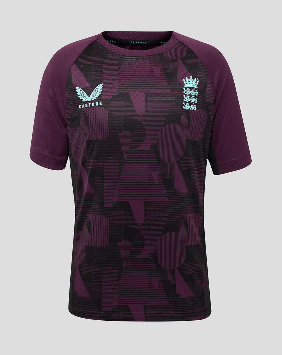 Front view of England Cricket Training Junior Short Sleeve Tee in deep purple with a geometric pattern and Castore and England logos on the chest.