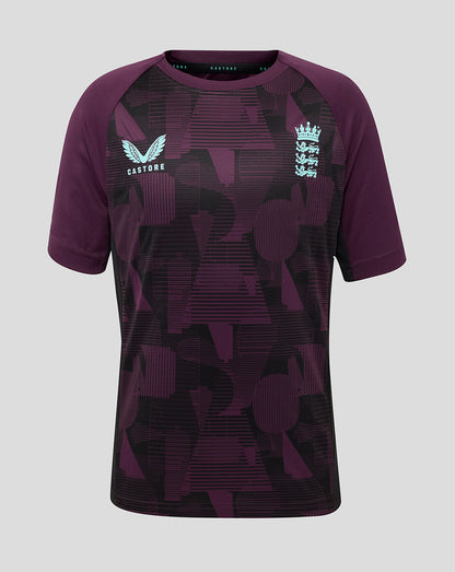 Front view of England Cricket Training Junior Short Sleeve Tee in deep purple with a geometric pattern and Castore and England logos on the chest.