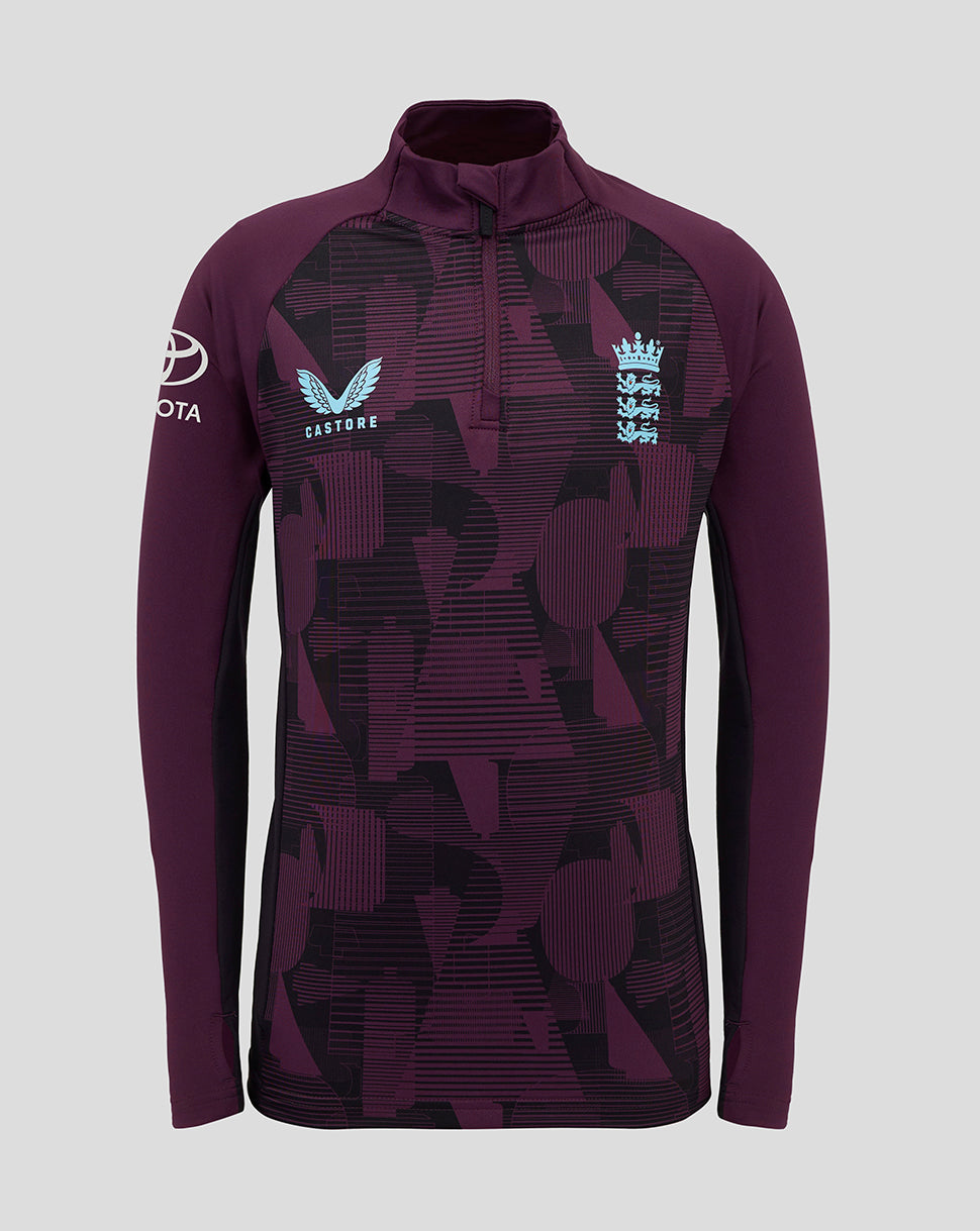England cricket training junior 1/4 zip top in purple with geometric print and England crest on the chest and Toyota logo on the sleeve