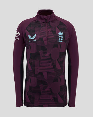 England cricket training junior 1/4 zip top in purple with geometric print and England crest on the chest and Toyota logo on the sleeve