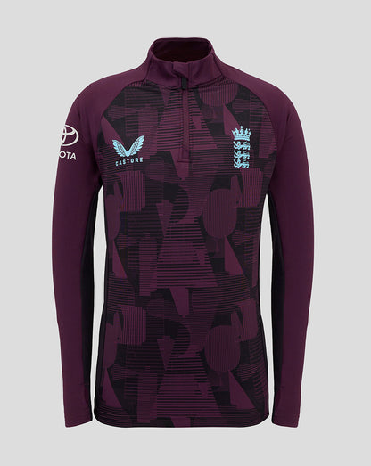 England cricket training junior 1/4 zip top in purple with geometric print and England crest on the chest and Toyota logo on the sleeve