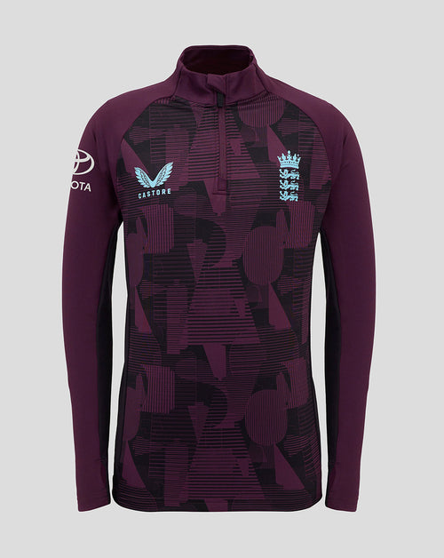 England cricket training junior 1/4 zip top in purple with geometric print and England crest on the chest and Toyota logo on the sleeve