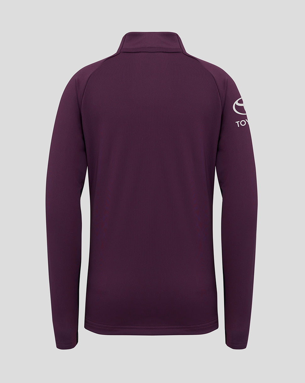 Back view of a plum purple England Cricket Training Junior 1/4 Zip Top with a high collar.