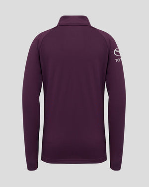 Back view of a plum purple England Cricket Training Junior 1/4 Zip Top with a high collar.
