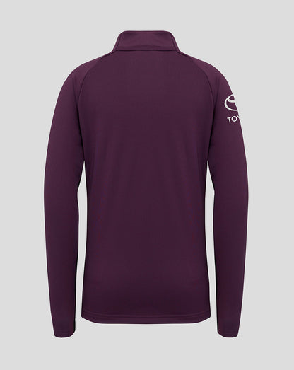 Back view of a plum purple England Cricket Training Junior 1/4 Zip Top with a high collar.