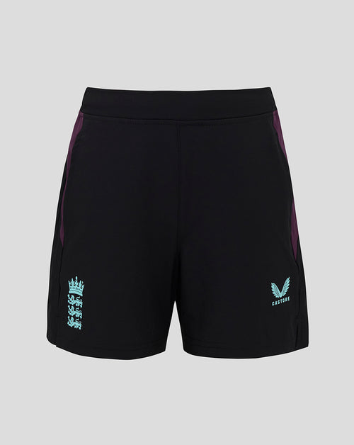 Black England Cricket Training Junior shorts with purple side panels and a light blue England crest