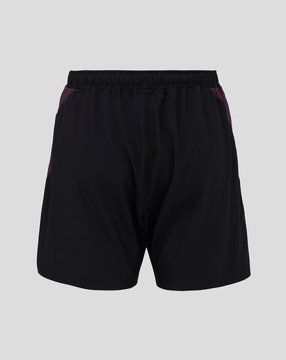 Back view of black England Cricket Training Junior shorts with purple side panels and elastic waistband