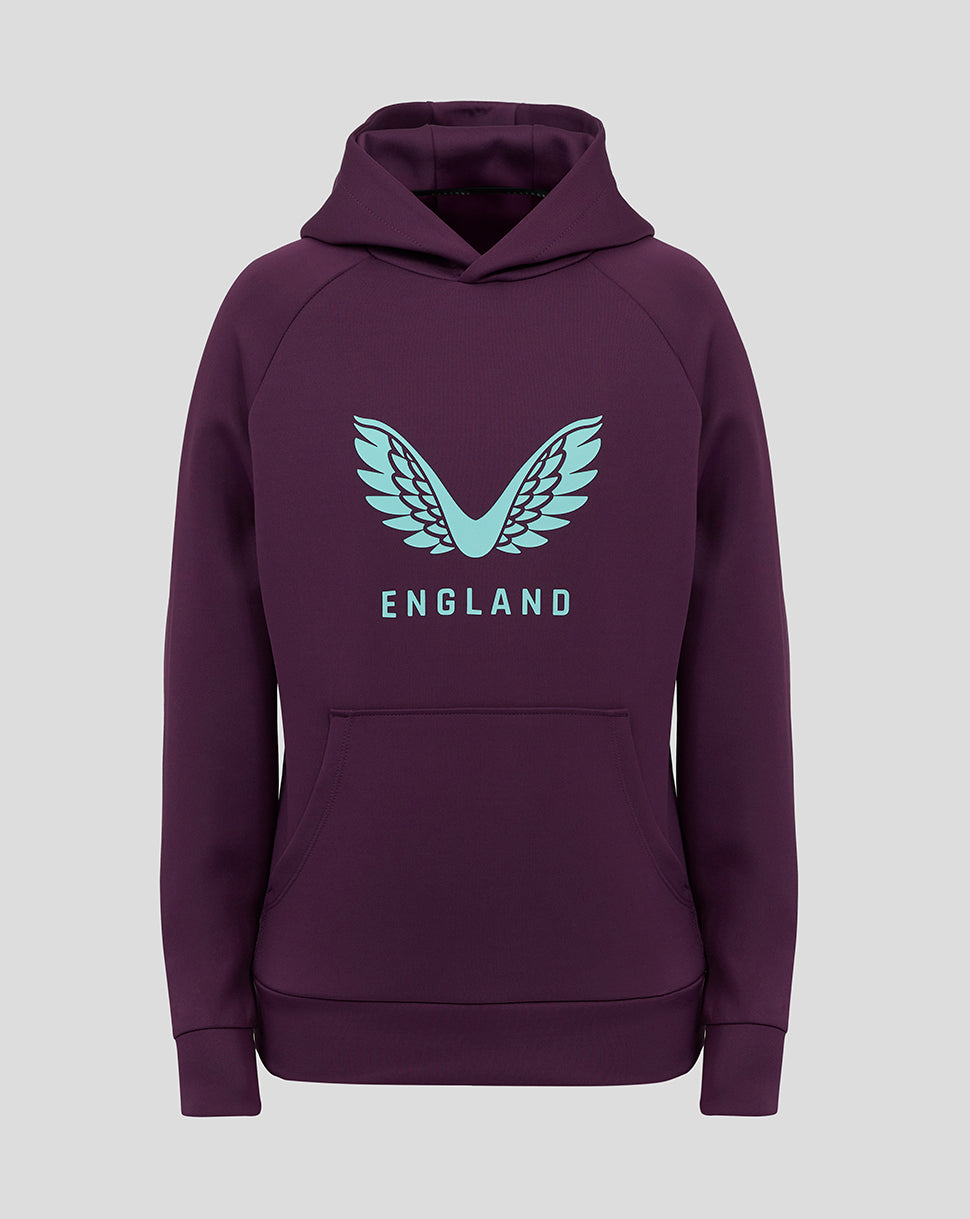Purple junior England cricket hoodie with light teal wing logo on the front