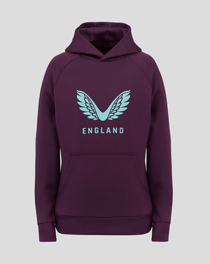 Purple junior England cricket hoodie with light teal wing logo on the front