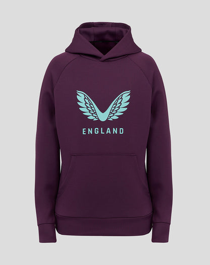 Purple junior England cricket hoodie with light teal wing logo on the front