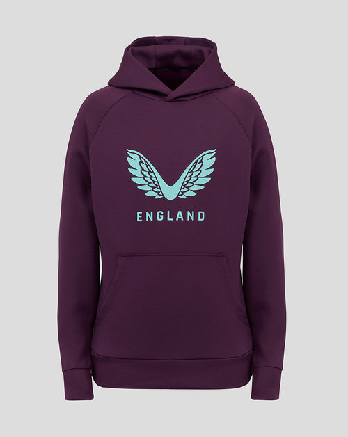 Purple junior England cricket hoodie with light teal wing logo on the front