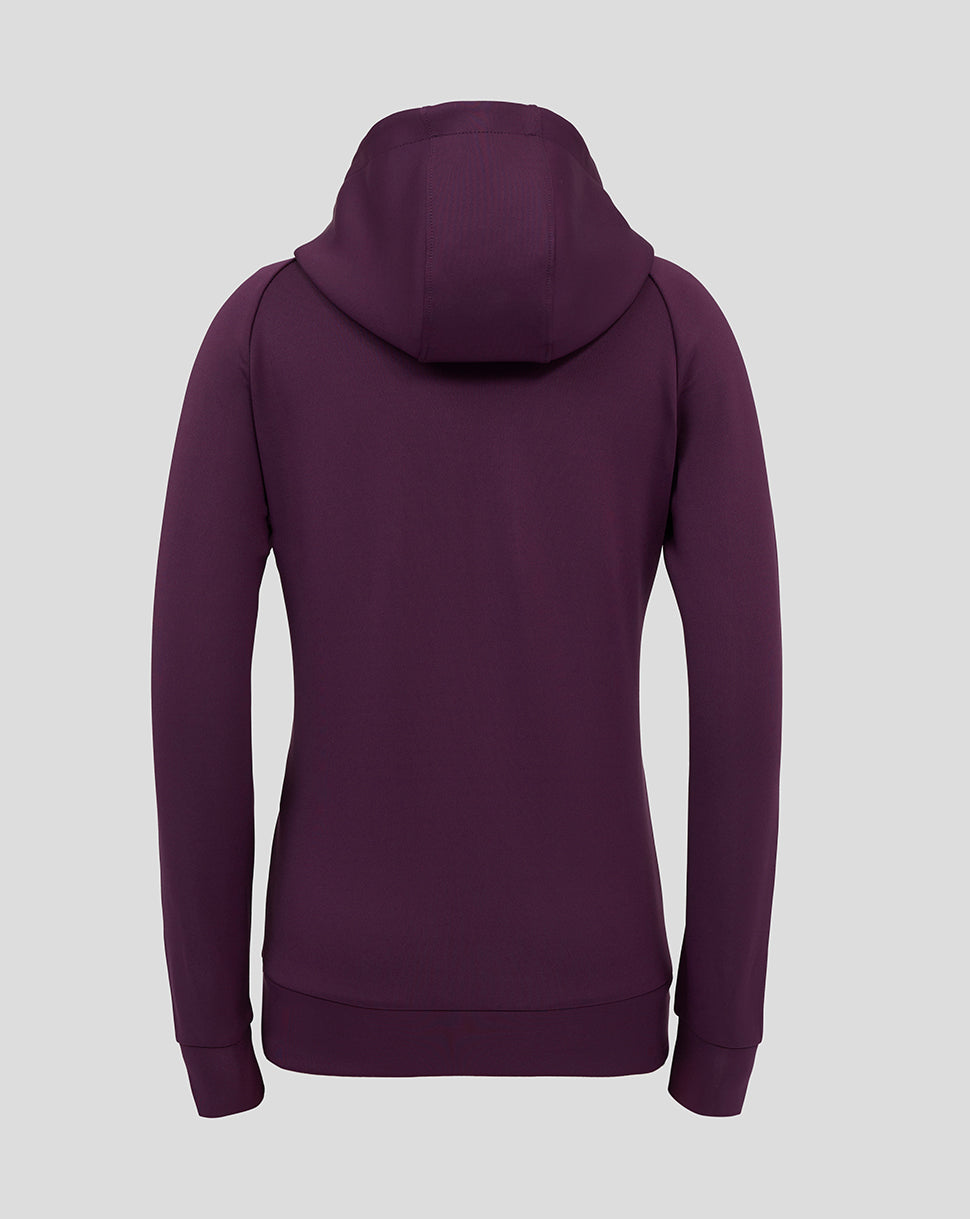 Back view of a purple England cricket hoodie with the hood up