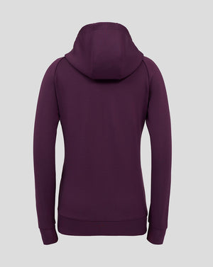 Back view of a purple England cricket hoodie with the hood up
