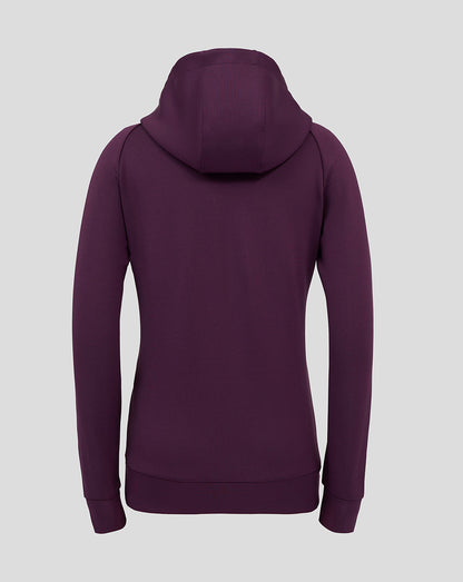Back view of a purple England cricket hoodie with the hood up