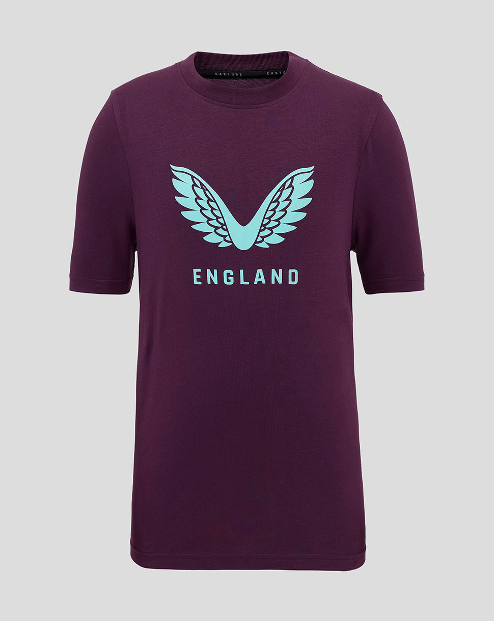 Front view of a maroon England cricket tee with a light blue wing logo and ENGLAND lettering