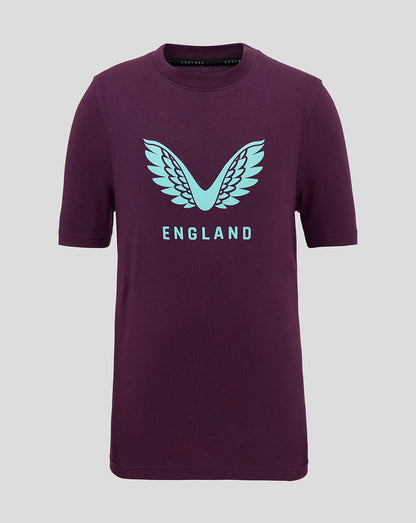 Front view of a maroon England cricket tee with a light blue wing logo and ENGLAND lettering