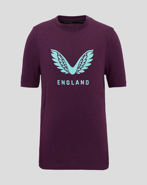 Front view of a maroon England cricket tee with a light blue wing logo and ENGLAND lettering