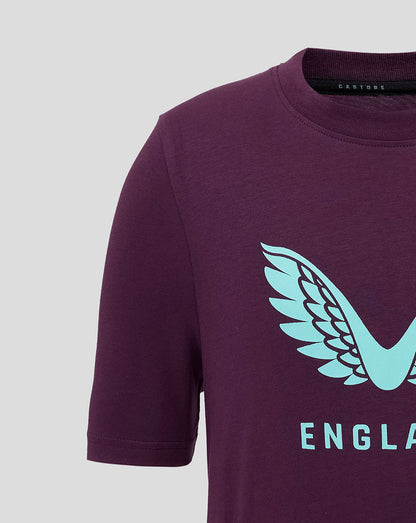 Purple junior England cricket tee with teal wing logo and ENGLAND lettering.