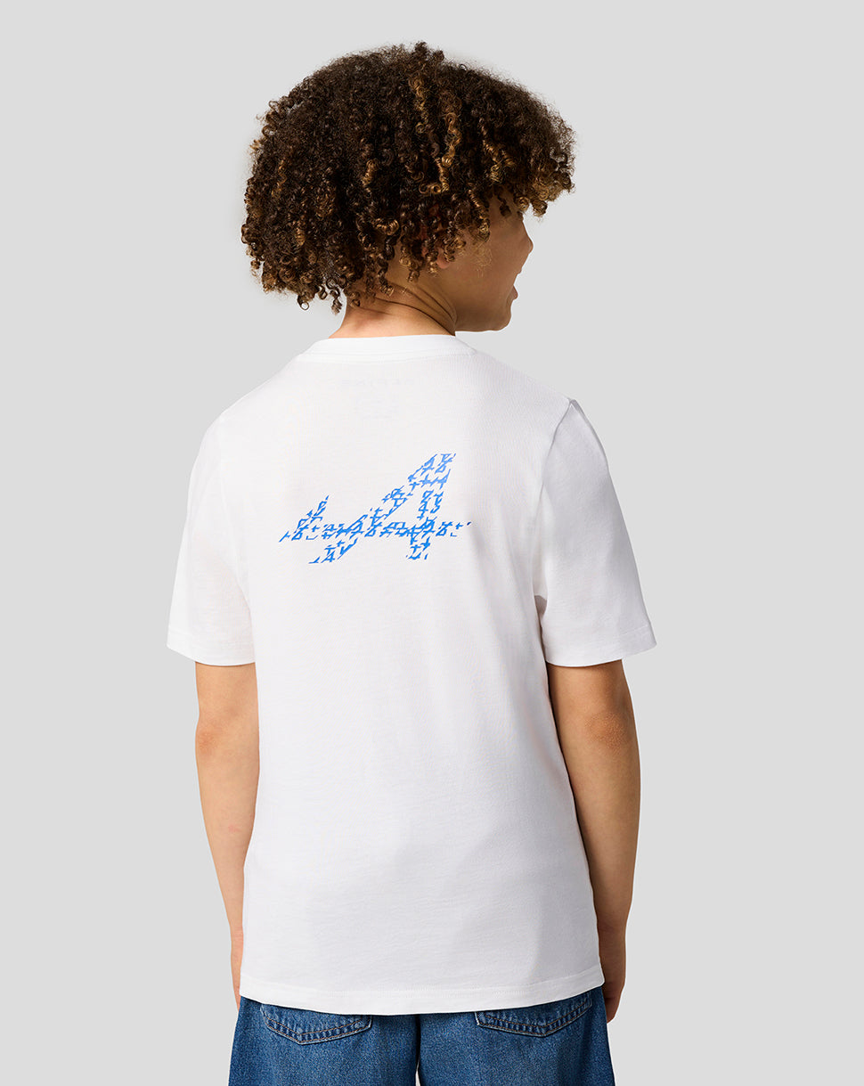 Back view of a white Alpine Juniors graphic T shirt with a blue logo on the back