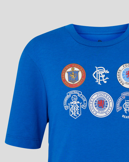 Rangers Junior 25/26 Badge Tee in lapis blue with round club badges printed on the chest