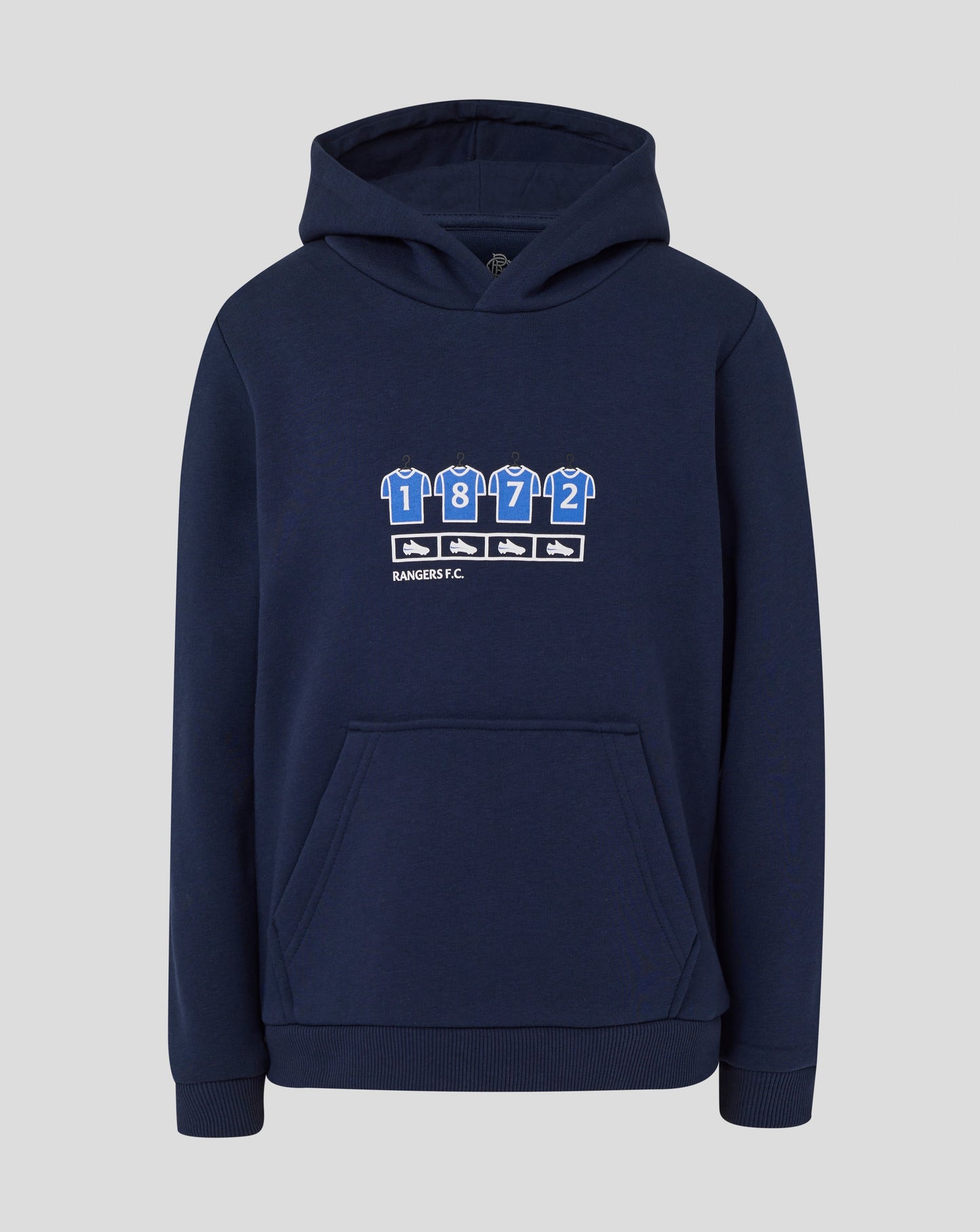 Rangers Junior 25/26 Changing Room Hoodie in Black Iris navy with hood up and front pocket