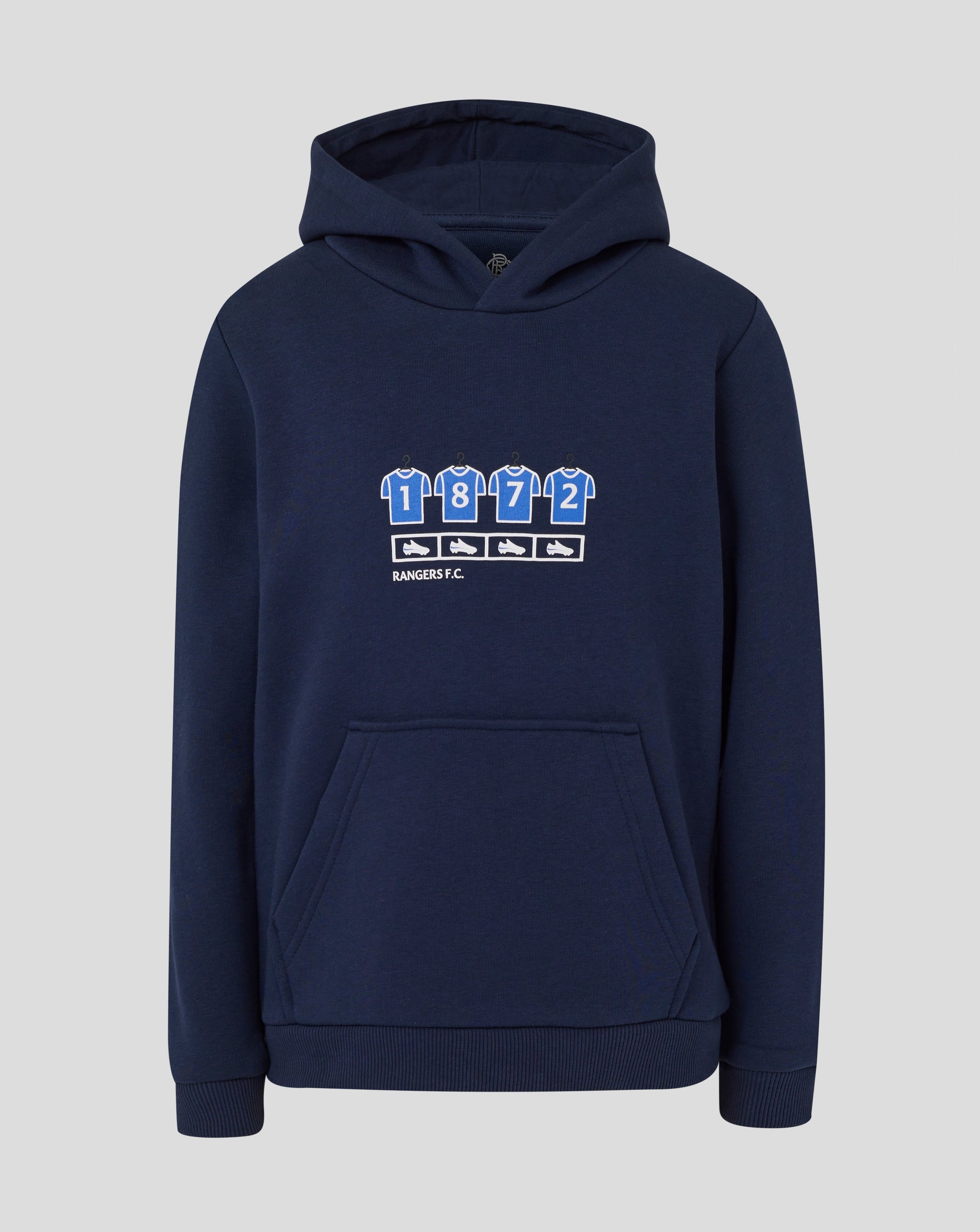 Rangers Junior 25/26 Changing Room Hoodie in Black Iris navy with hood up and front pocket