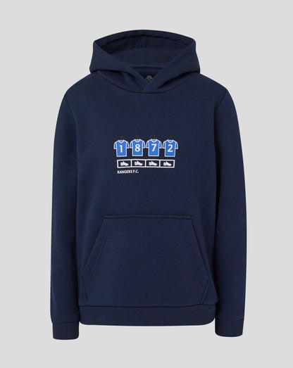Rangers Junior 25/26 Changing Room Hoodie in Black Iris navy with hood up and front pocket