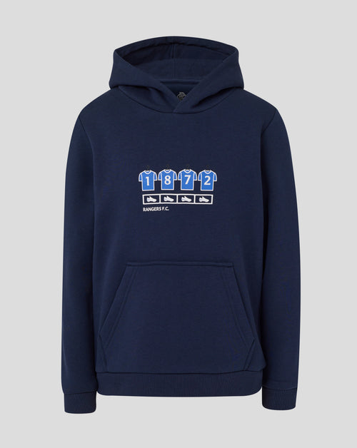 Rangers Junior 25/26 Changing Room Hoodie in Black Iris navy with hood up and front pocket