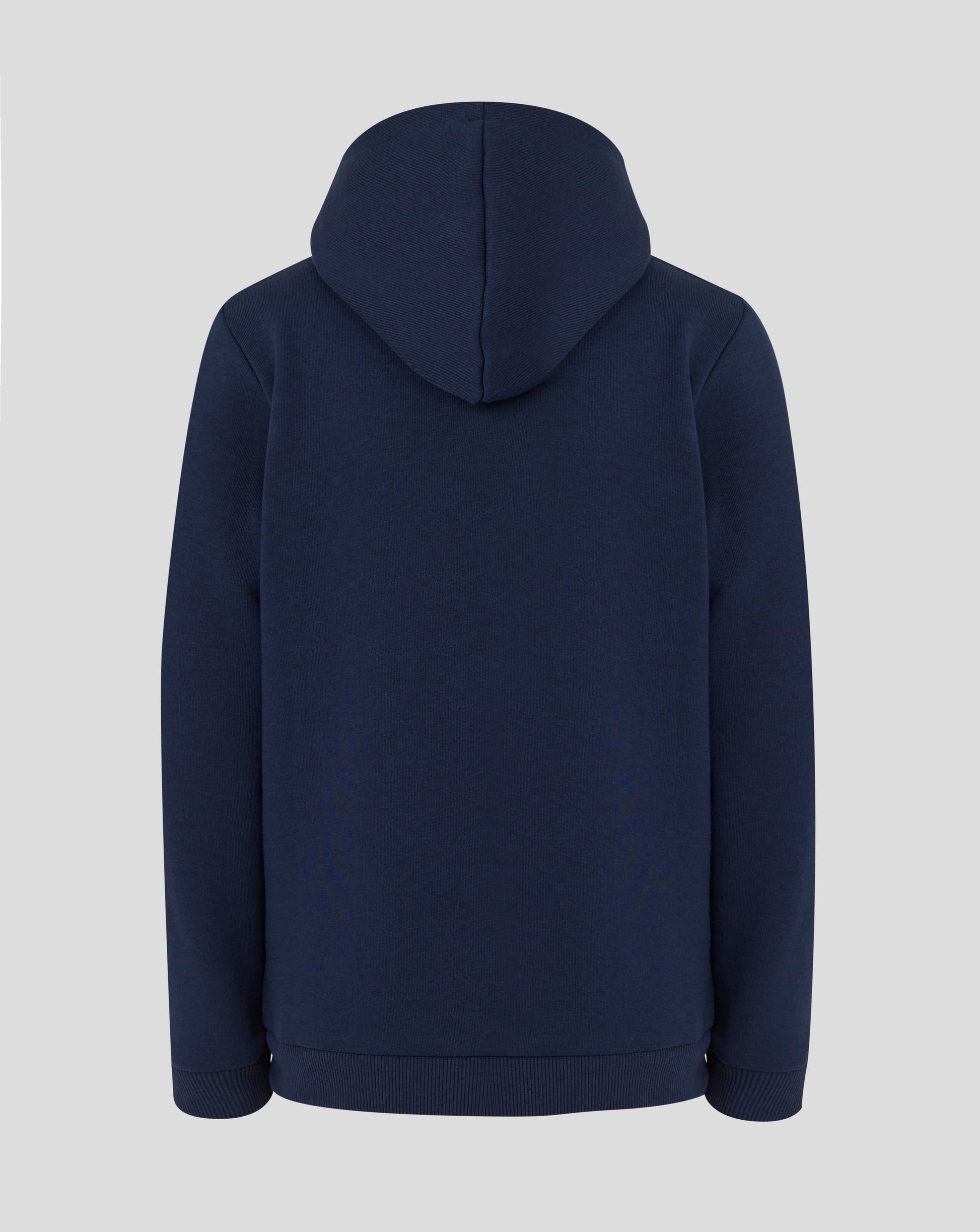 Back view of a navy Rangers Junior Changing Room Hoodie in Black Iris color with a large hood.