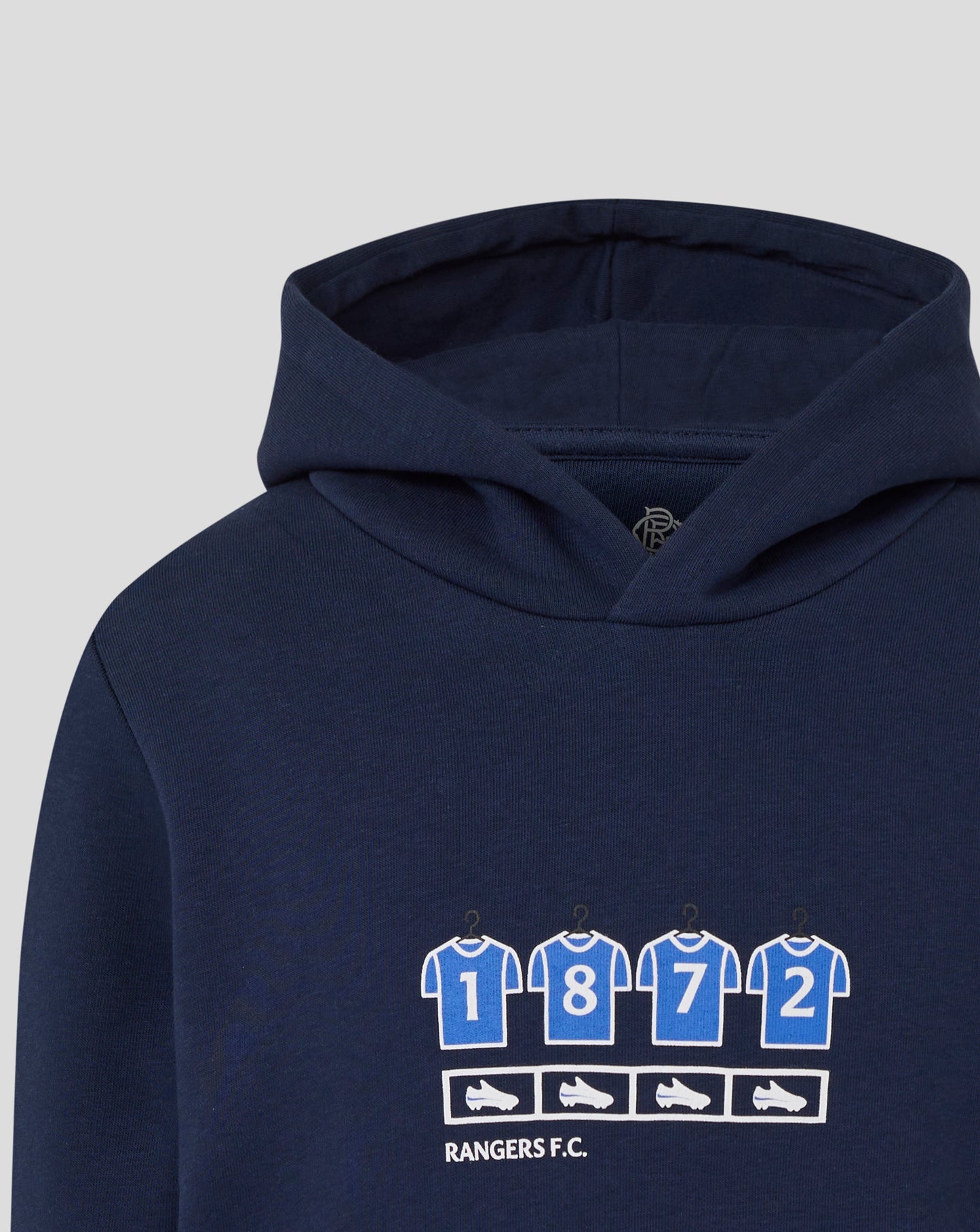 Rangers Junior 25/26 Changing Room Hoodie in Black Iris navy with a front graphic of numbered jerseys and football icons