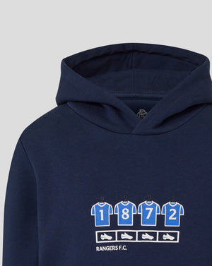 Rangers Junior 25/26 Changing Room Hoodie in Black Iris navy with a front graphic of numbered jerseys and football icons