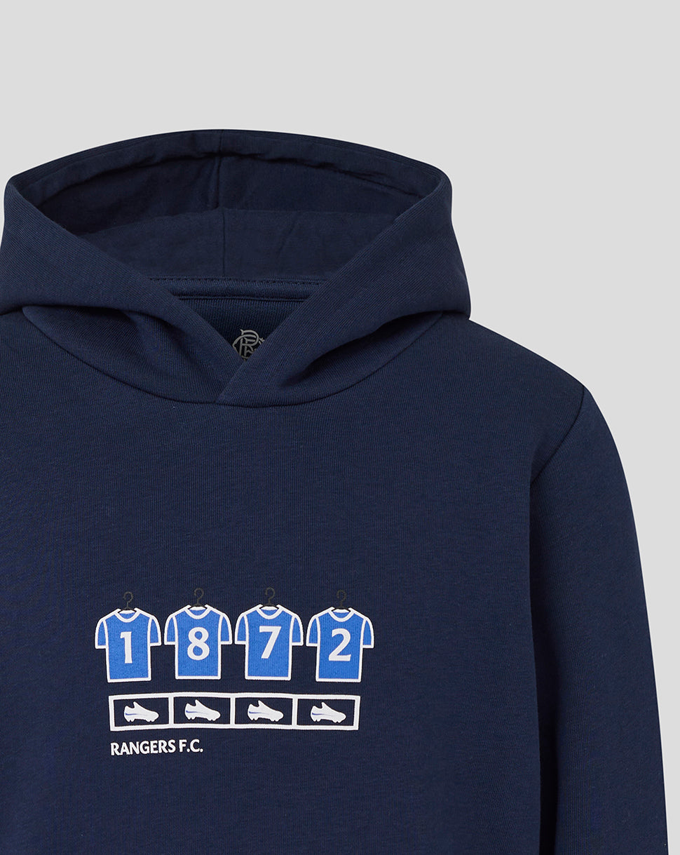 Front view of a navy Rangers Junior Changing Room Hoodie with a graphic of five numbered blue jerseys on hangers and Rangers F.C.