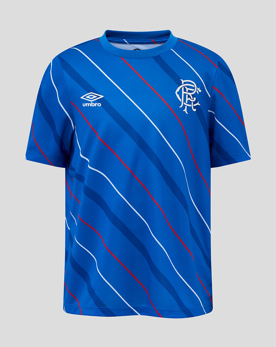 Rangers Junior 25/26 home tee in bright blue with diagonal red and white stripes and the club crest on the chest