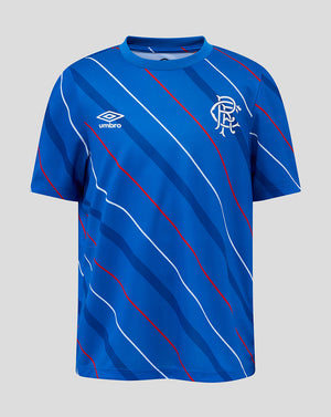Rangers Junior 25/26 home tee in bright blue with diagonal red and white stripes and the club crest on the chest