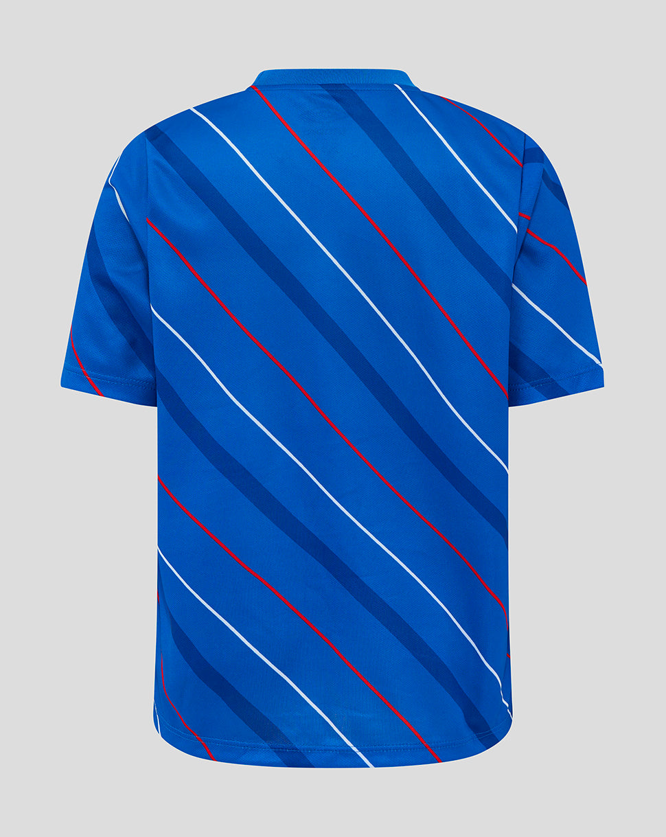 Back view of blue Rangers junior home matchday tee with diagonal white and red stripes.