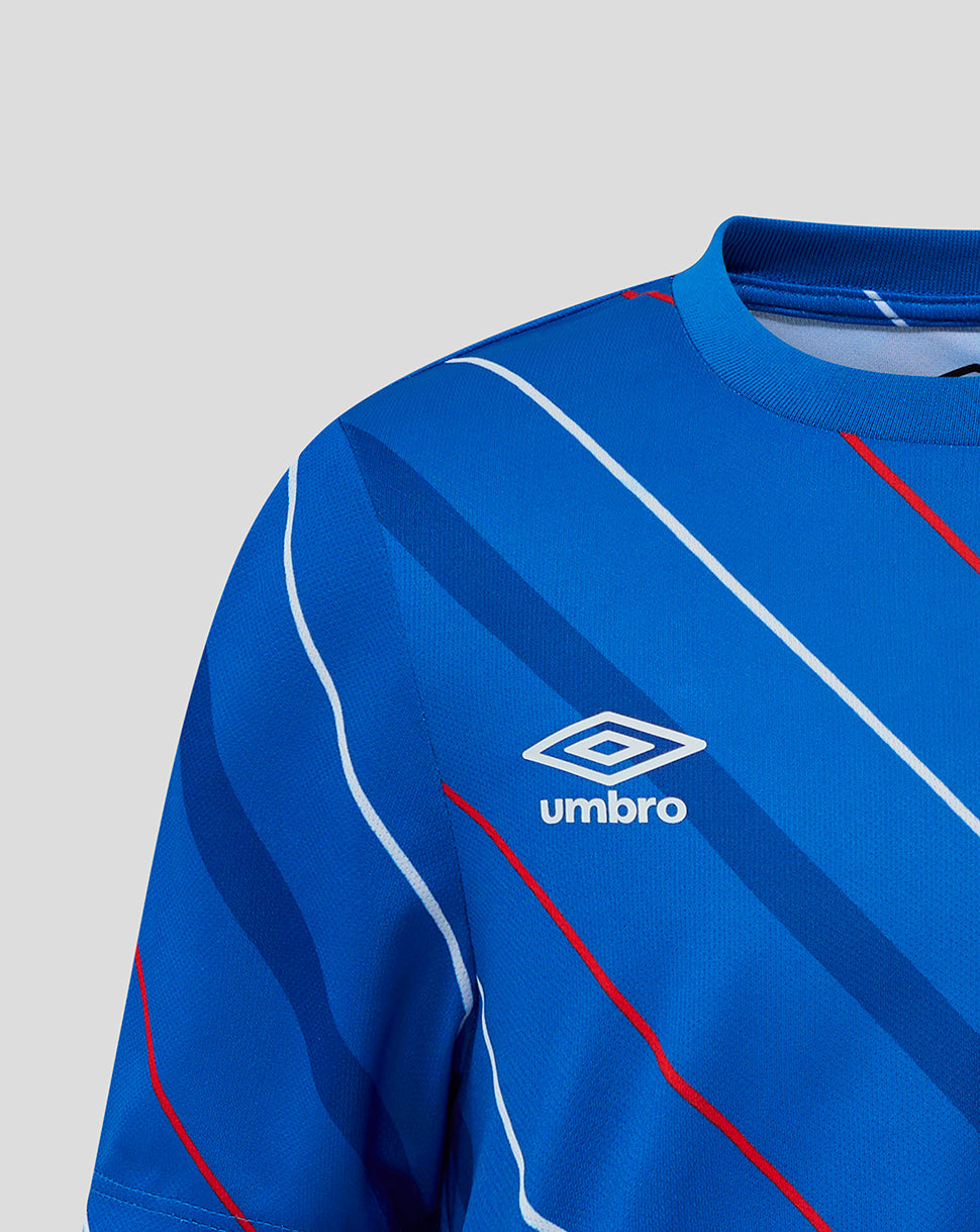 Detail shot of the blue Rangers jersey featuring the Umbro logo and diagonal stripe pattern