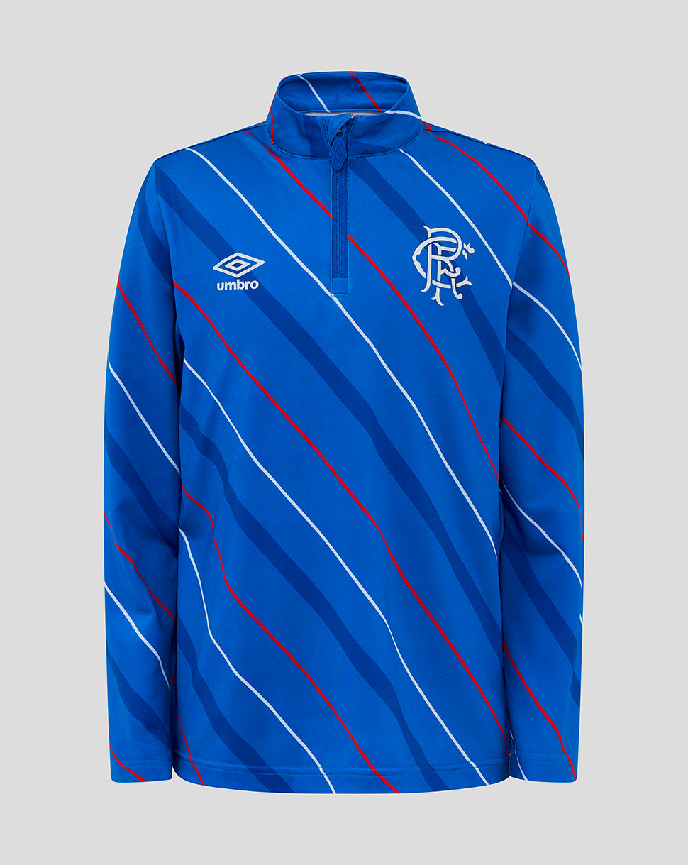 Rangers Junior 25/26 Home Matchday blue quarter zip top with diagonal red and white stripes and club crest
